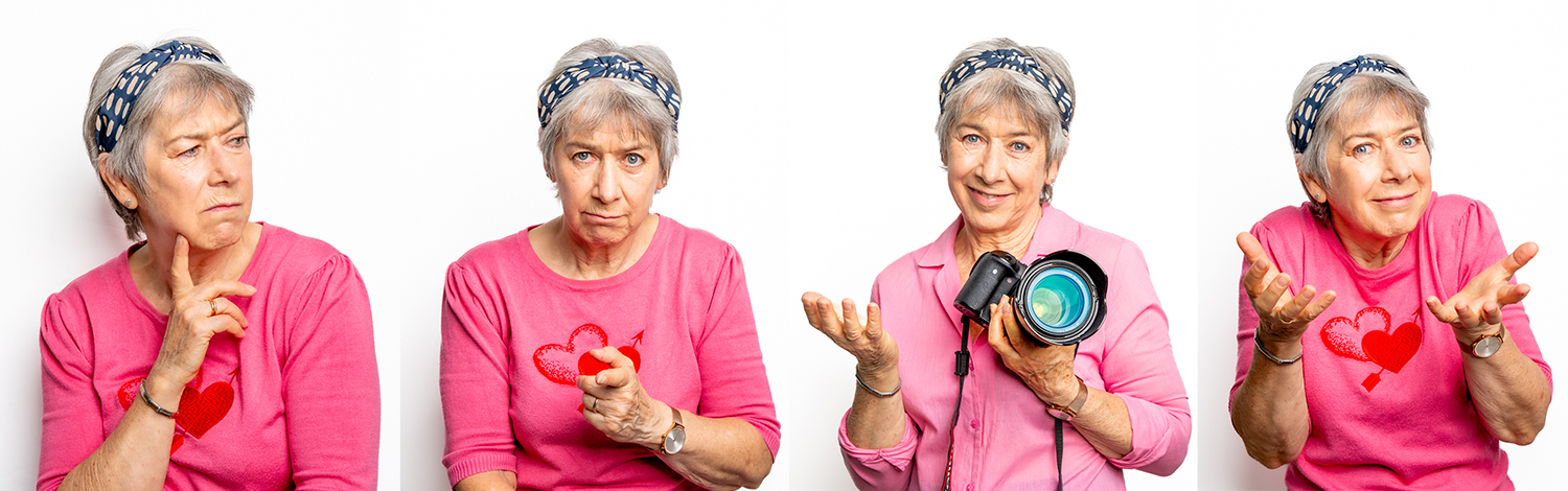 four photographs of woman with doubtful and happy expressions